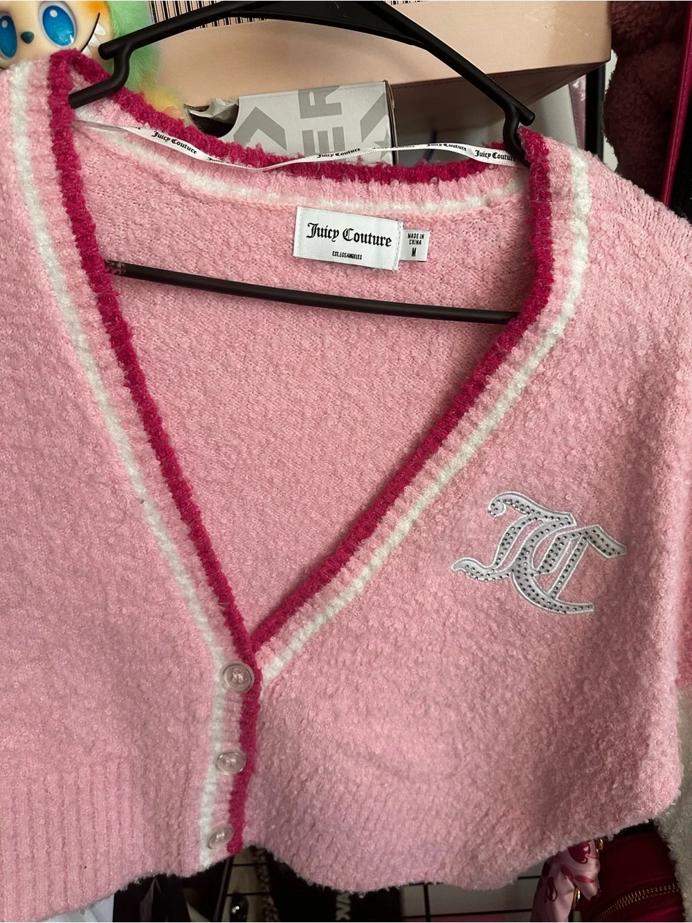 Juicy Couture Pink Cropped V-Neck Cardigan with White Sleeves